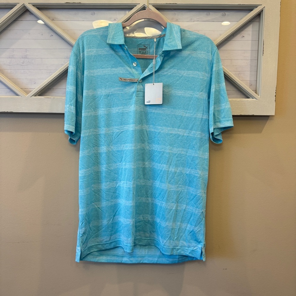 Puma Men's Blue White Athletic Golf Polo Short‎ Sleeve Shirt Size Medium Striped